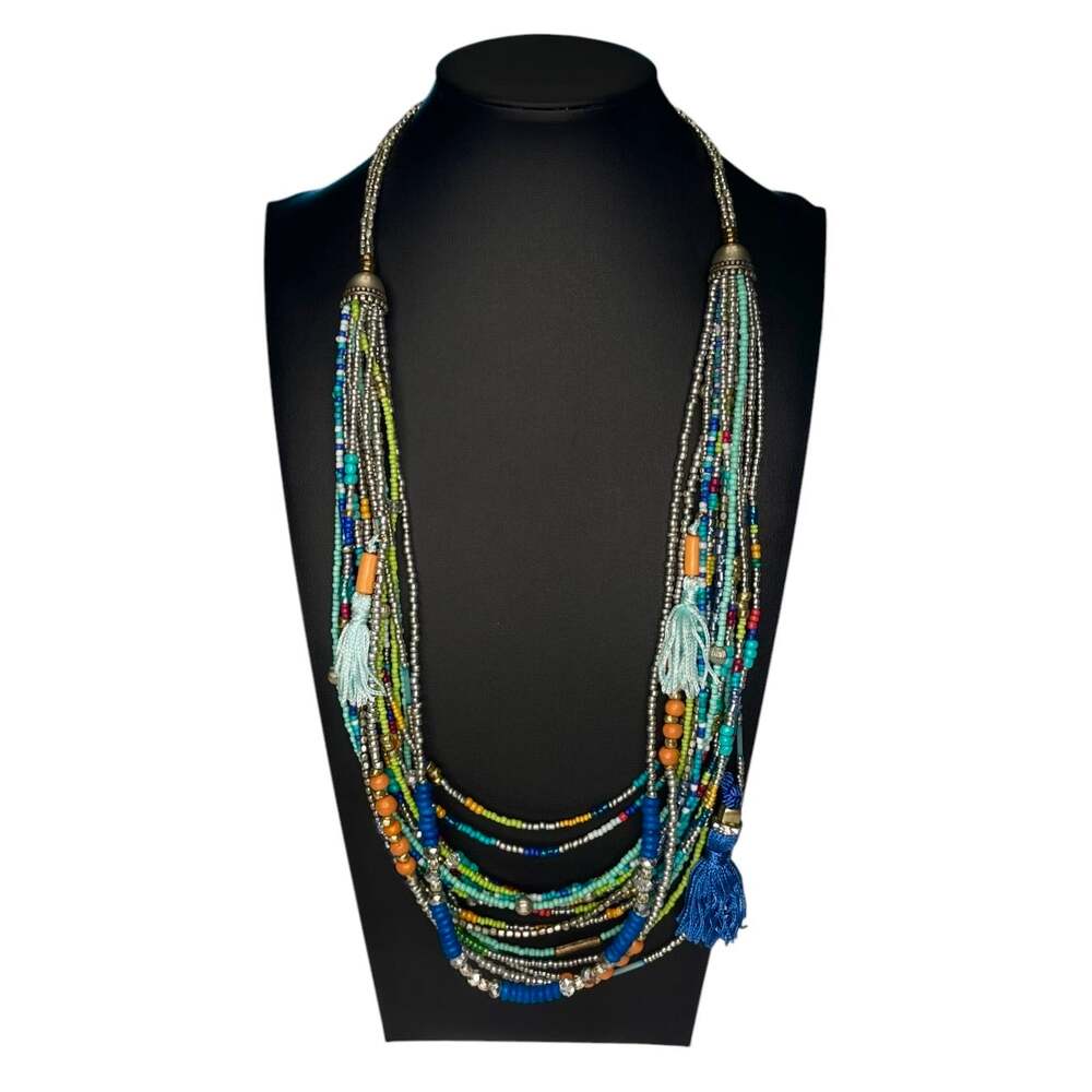 CHICO'S Signed MULTI-STRAND SEED BEAD BOHO Necklace BLUE 26” to 30” Long